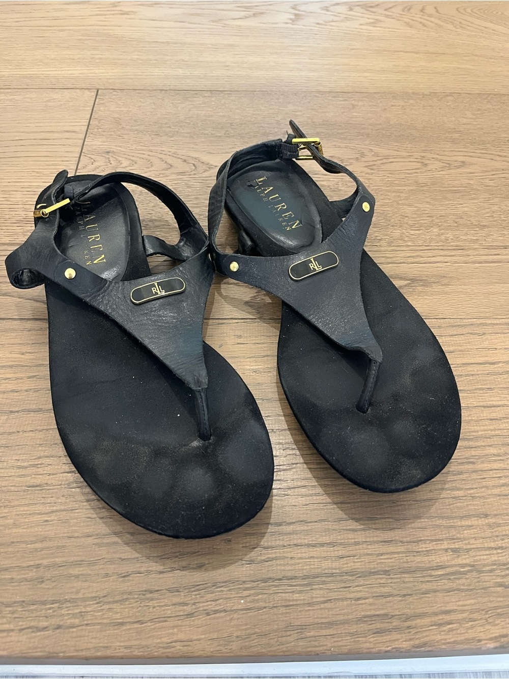 Lauren Ralph Lauren Black Leather Thong Sandals with Gold Accents